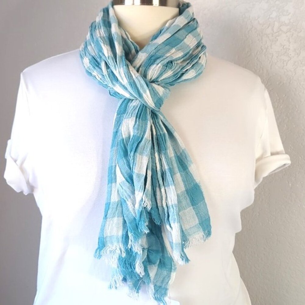 CJ Banks Rectangle Scarf Blue & White Gingham Crinkle Gauze Coastal Granny Core